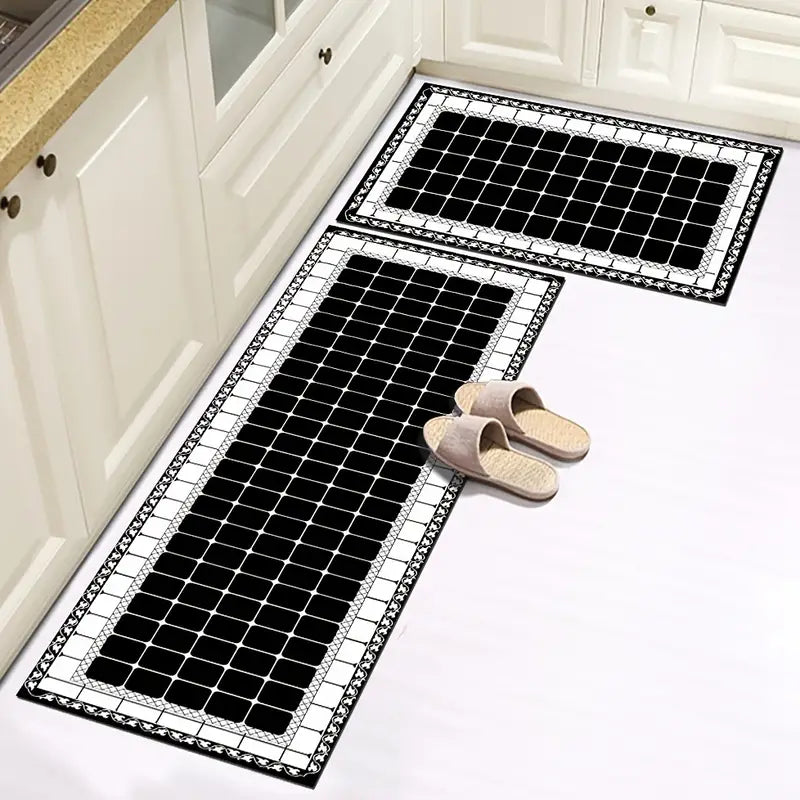 2pcs Non-slip Geometric Gray Kitchen Rugs (Various Sizes) on kitchen floor with slippers