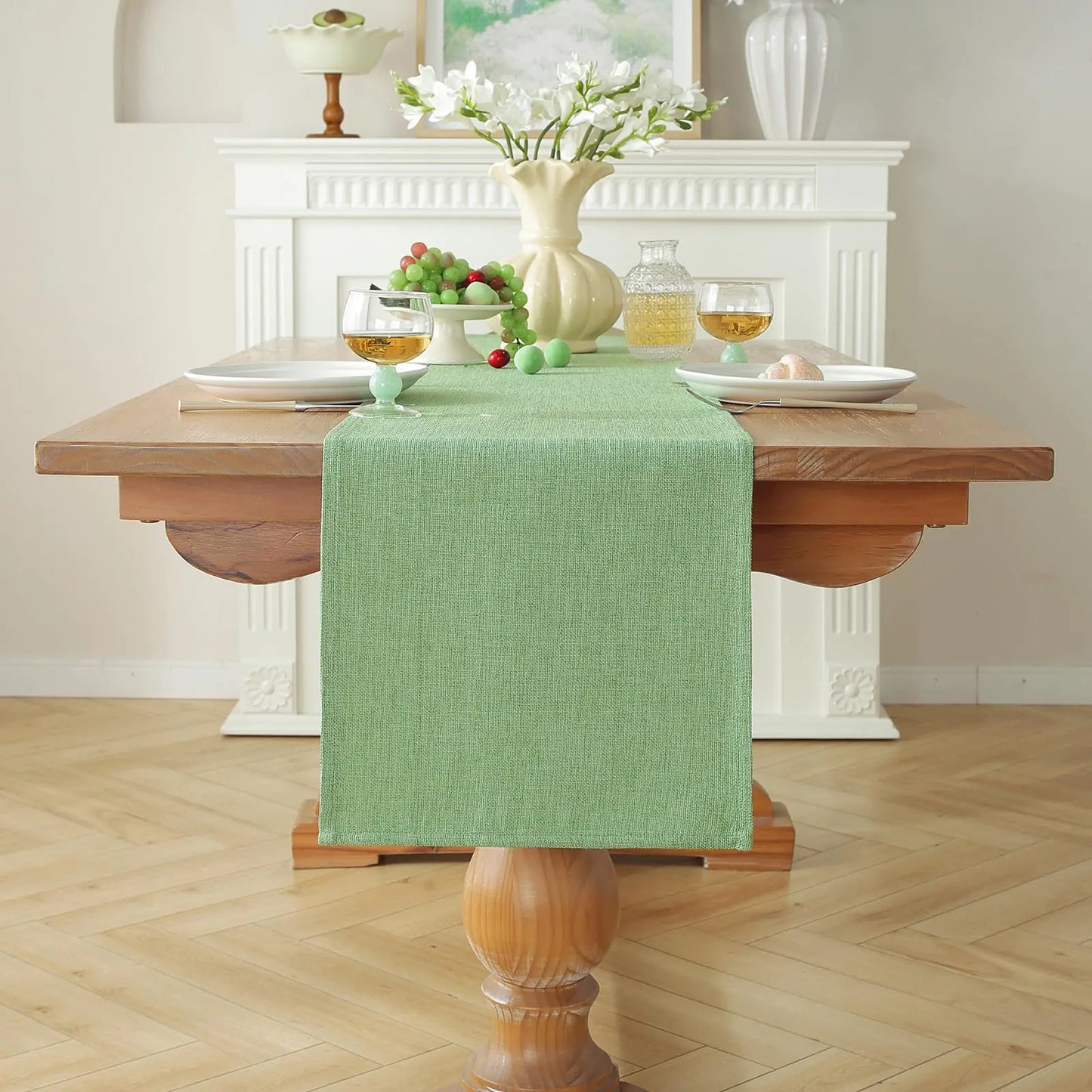 Alsoo Green Linen Table Runners 60 Inches Long Rustic Small Table Runners Boho Farmhouse Table Runners for Dining Table Decor Holiday Party and Wedding 13x60 in