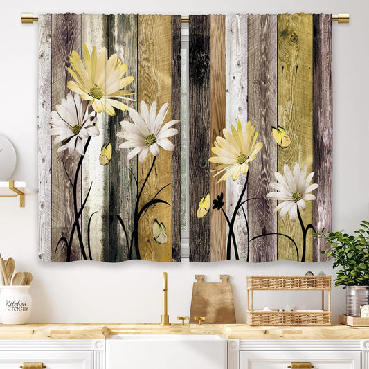 Laifzere Yellow Farmhouse Daisy Kitchen Curtains Wooden Flower Small Short Cafe Window Curtains Rustic Floral Butterfly Country Barn Bathroom Drapes Treatment Tier Curtains 2 Panels (27.5x39 Inch)