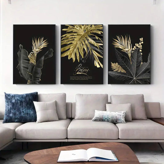 Black and Gold Leaf Wall Canvas Art for Home Decor