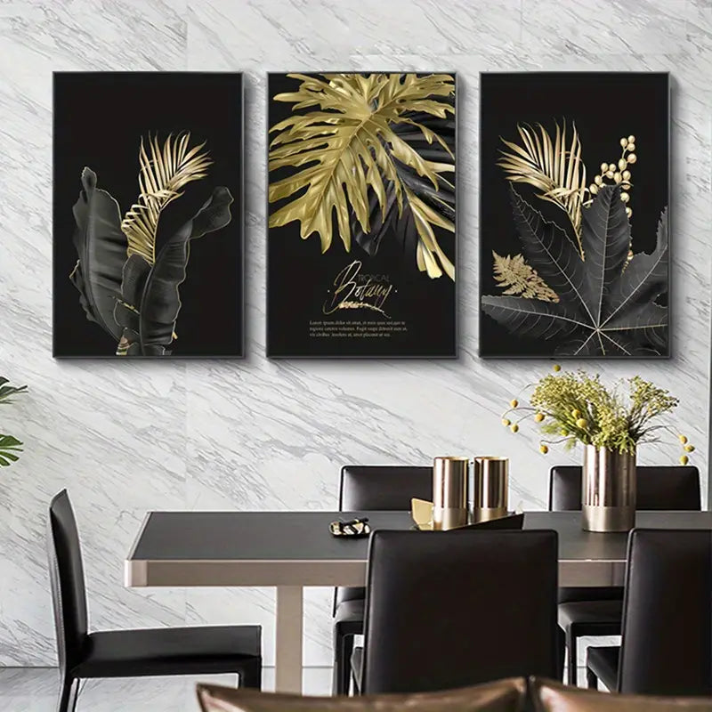 Black and Gold Leaf Wall Canvas Art for Home Decor