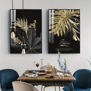 Black and Gold Leaf Wall Canvas Art for Home Decor