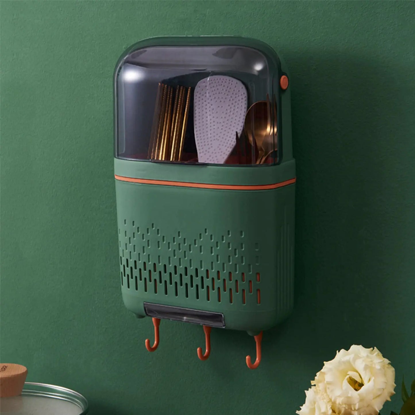 Chopstick Container Cutlery Organizer Hanging Rack Kitchen Cutlery Drainer Hanging Kitchen Utensil Holder Chopstick Holder Compartmental Drainer with Cover for Kitchen(Green)